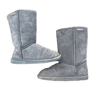 Bearpaw Emma Short Charcoal Gray Suede Shearling Cozy Casual Winter Boots Size 8